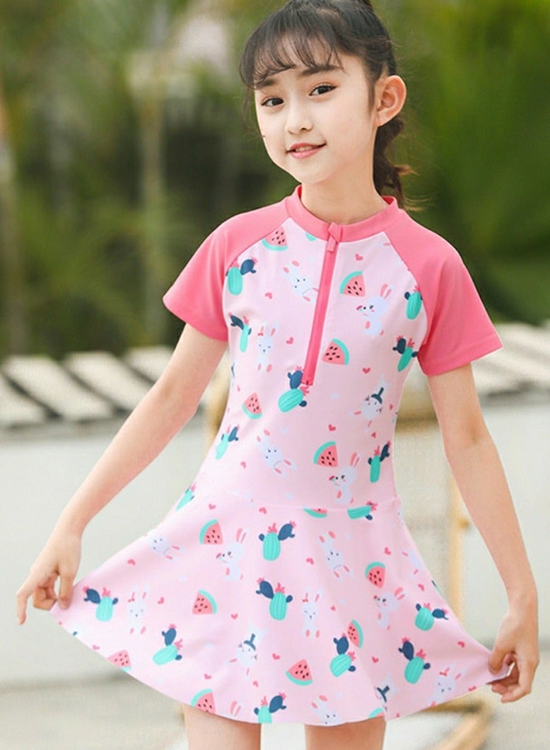 Loquat Girls Printed One Piece Swim Dress,Swim Trunks 2 Piece Set Swim Skirted Bathing Suit Short Sleeve Swimwear - Image 3