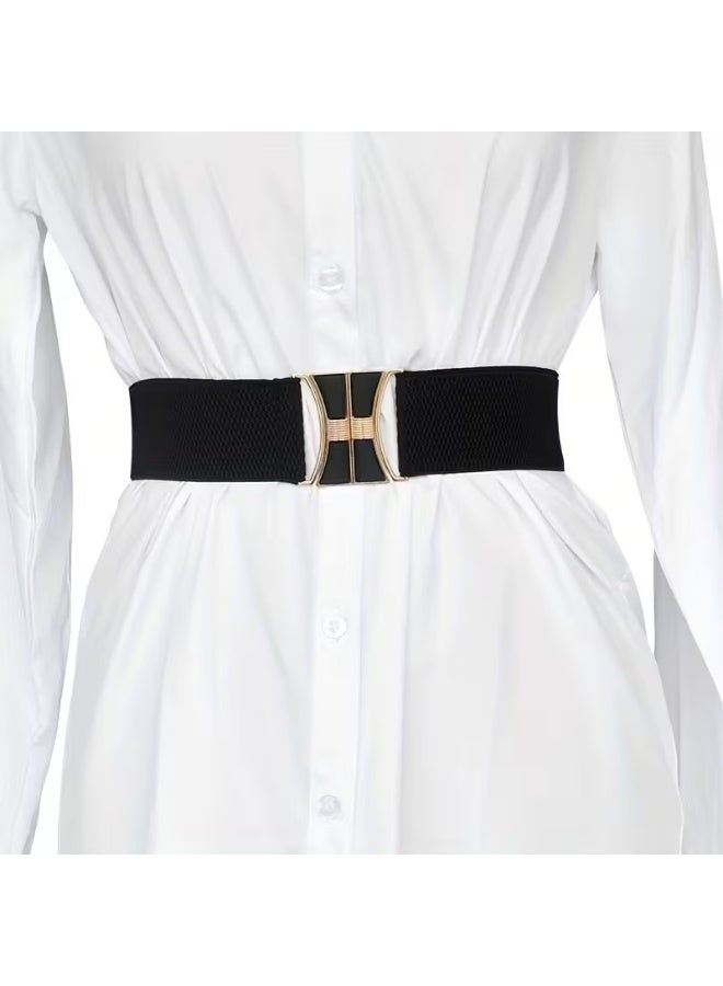 Goolsky Black Golden Pair Buckle Belt Monochrome Wide Girdle Casual Down Jacket Dress Decorative Waist Band - Image 3