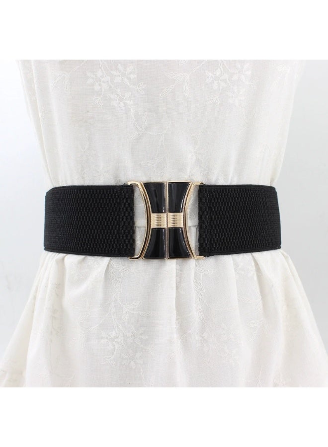 Goolsky Black Golden Pair Buckle Belt Monochrome Wide Girdle Casual Down Jacket Dress Decorative Waist Band - Image 2