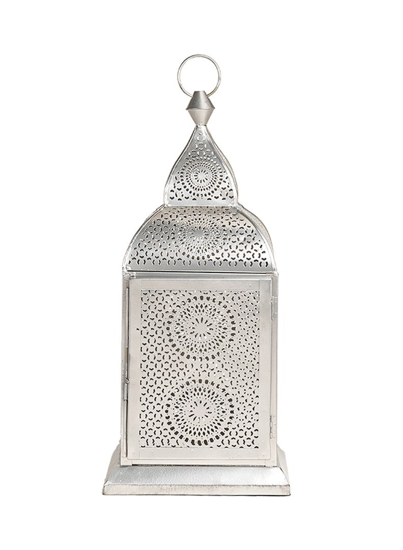 HilalFul Handmade Decorative Candle Holder Vintage Chakra Lantern Medium | Living Room Bedroom Outdoor | Home Decoration Hanging Table Top | Ramadan, Eid, Diwali, Weddings, Parties | Iron Silver