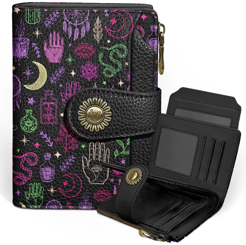 Icycay Goth Gothic Small Wallet Women RFID Blocking Bifold, Credit Card Holder, Zipper Coin Pocket, PU Leather, Magic Witchy, Compact, Travel, 4 ID Window, 14 Card Slots, Cash Purse, Ladies Woman - Image 1