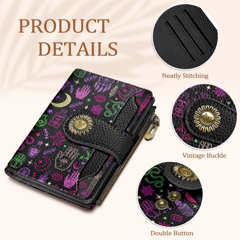 Icycay Goth Gothic Small Wallet Women RFID Blocking Bifold, Credit Card Holder, Zipper Coin Pocket, PU Leather, Magic Witchy, Compact, Travel, 4 ID Window, 14 Card Slots, Cash Purse, Ladies Woman - Image 5