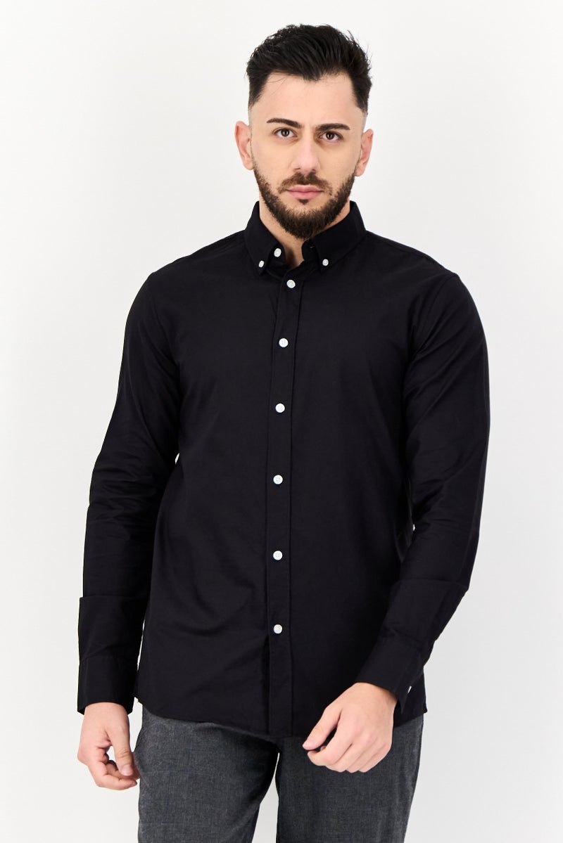 Algspar Men Regular Fit Long Sleeves Plain Casual Shirt, Black - Image 1