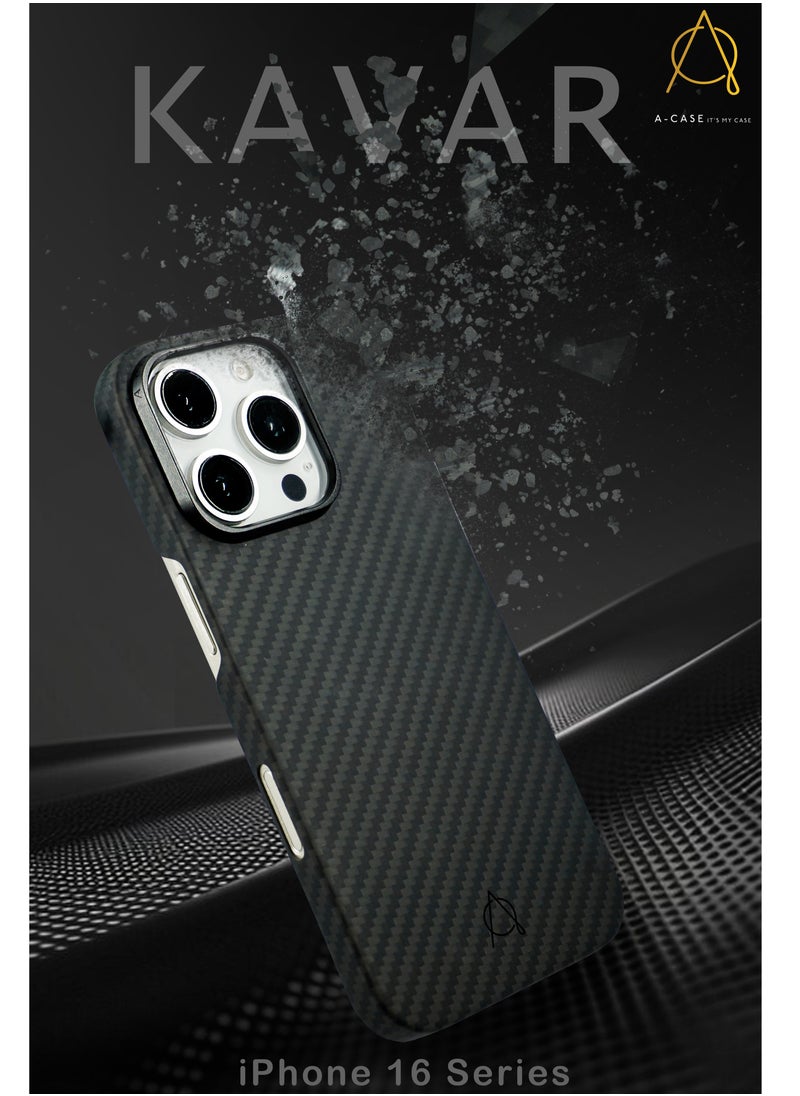 A-CASE its My Case iPhone 16 Pro Case, KAVAR series phone case Compatible with Magnetic, Slim & Light weight Aramid Fiber Made case With Raised Camera Protection - Black/Grey