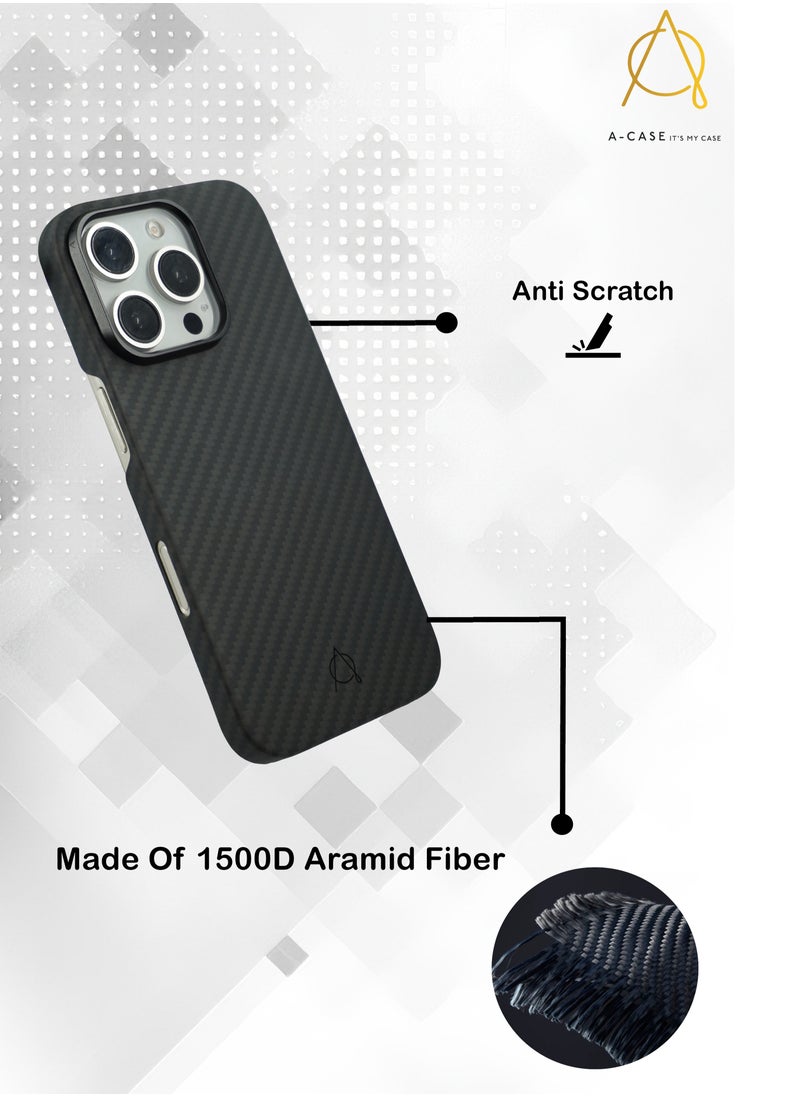 A-CASE its My Case iPhone 16 Pro Case, KAVAR series phone case Compatible with Magnetic, Slim & Light weight Aramid Fiber Made case With Raised Camera Protection - Black/Grey