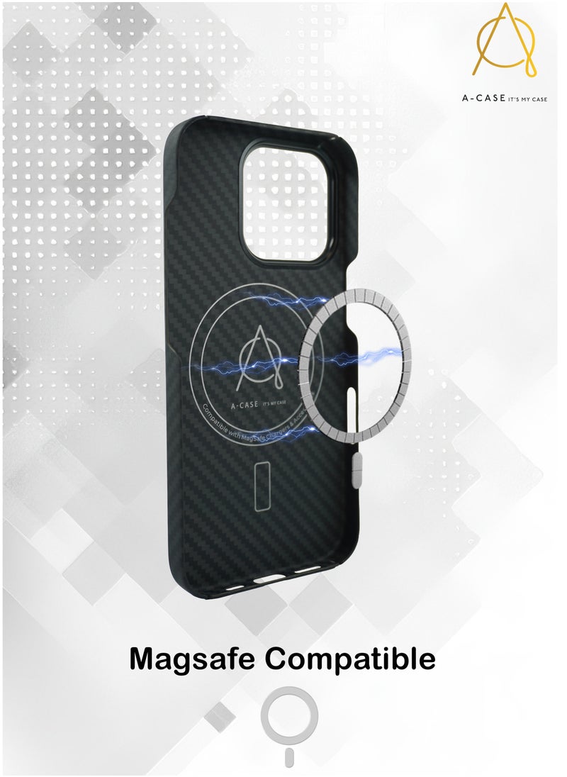 A-CASE its My Case iPhone 16 Pro Case, KAVAR series phone case Compatible with Magnetic, Slim & Light weight Aramid Fiber Made case With Raised Camera Protection - Black/Grey