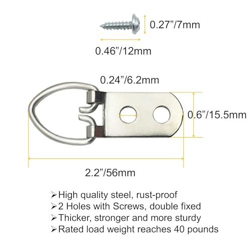EesTeck 20 Pack D-Ring Steel Picture Hangers Heavy Duty with Screws Picture Frames Double Holes Clasp Picture Hang Solutions, for Hanging Clock Paintings Artwork Picture Frame Hook Photos Mirrors - Image 4