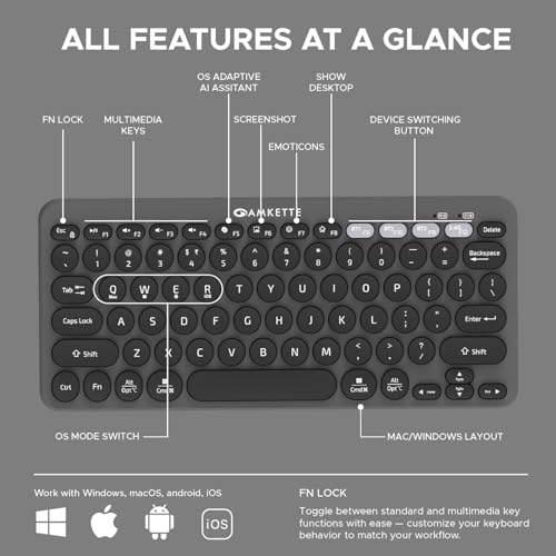 Amkette New and Improved Optimus BT 4 in 1 Multi Device Wireless Keyboard/Bluetooth Keyboard | One Click Device Switching and AI Access for Windows, MacOs, Android and iOS, Dual OS Layout (Grey) - Image 3