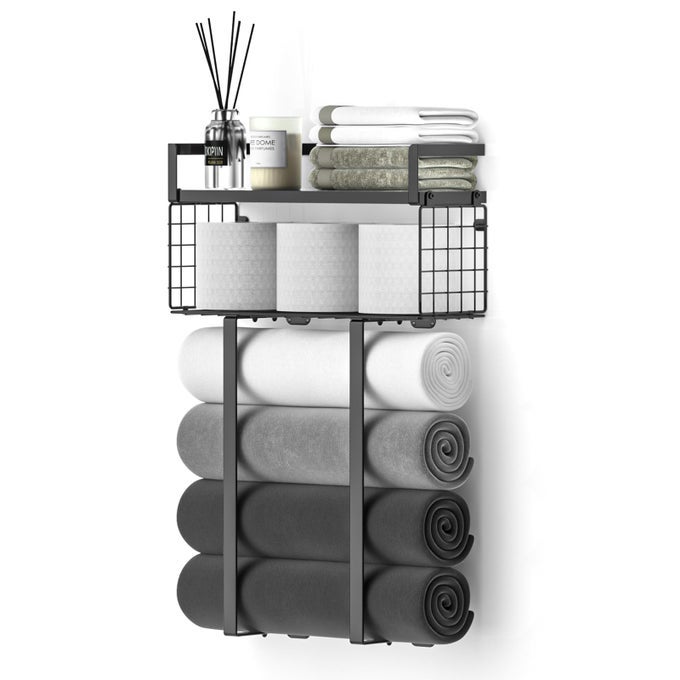 TOWEL RACKS FOR BATHROOM METAL TOWEL HOLDER WITH STORAGE BASKETWALL TOWEL RACK FOR ROLLED TOWELS TOWEL STORAGE FOR SMALL BATHROOMBLACK