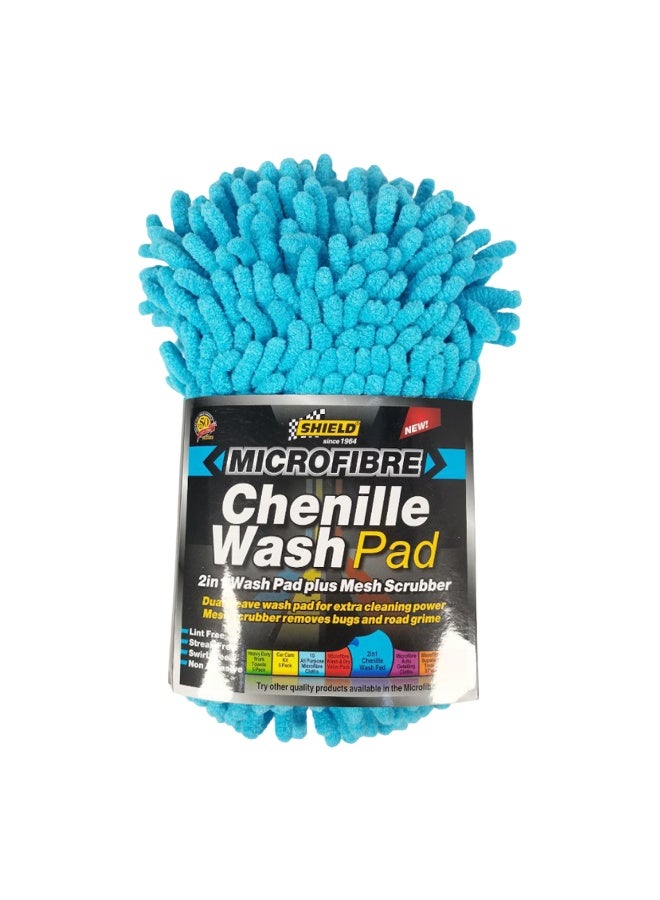 شيلد وسادة غسيل السيارات المصنوعة من الألياف الدقيقة من الشنيل، إسفنجة تنظيف مزدوجة الجوانب 2 في 1 مع فرشاة شبكية - خالية من الخدوش والوبر، فائقة الامتصاص، 19 × 11 × 5 سم، قفاز غسيل متين لتنظيف السيارات والدراجات والمنزل SH387 - Image 1