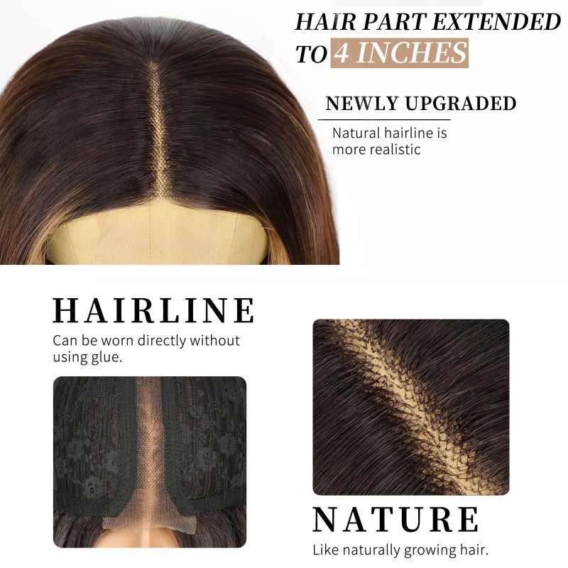 AISI HAIR ã€Beginner Friendly Wigs Brown Highlight Wig for Women, Long Wavy Lace Hairline Middle Part Synthetic Heat Resistant Wig for Daily Party-26 Inch - Image 3