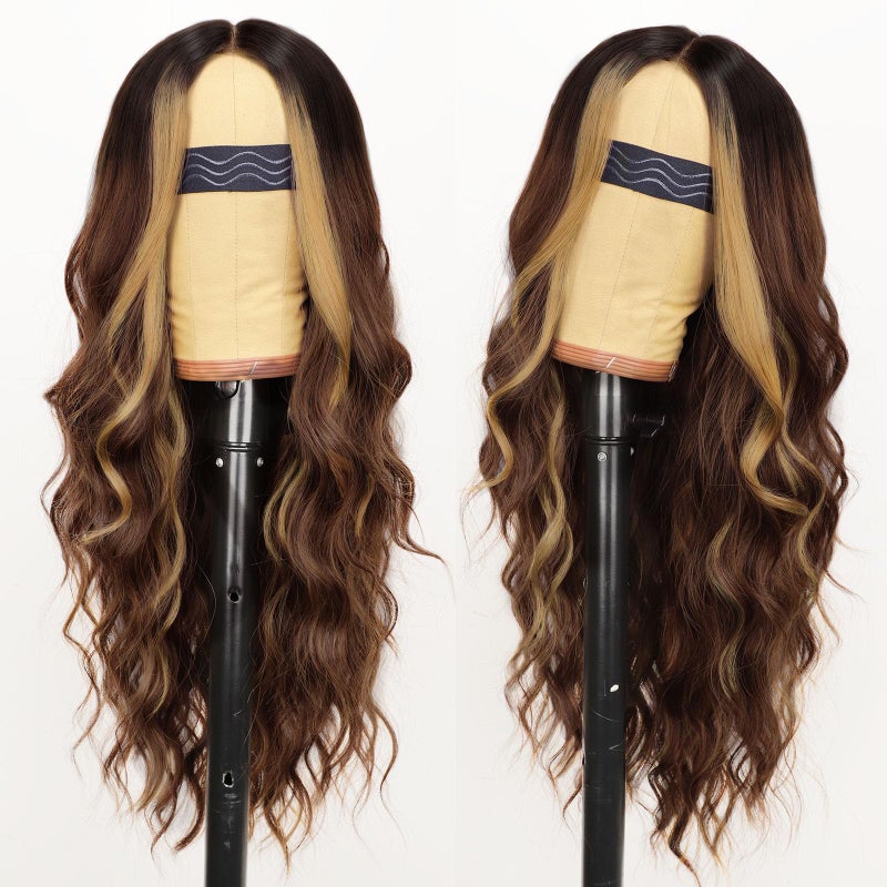 AISI HAIR ã€Beginner Friendly Wigs Brown Highlight Wig for Women, Long Wavy Lace Hairline Middle Part Synthetic Heat Resistant Wig for Daily Party-26 Inch - Image 2