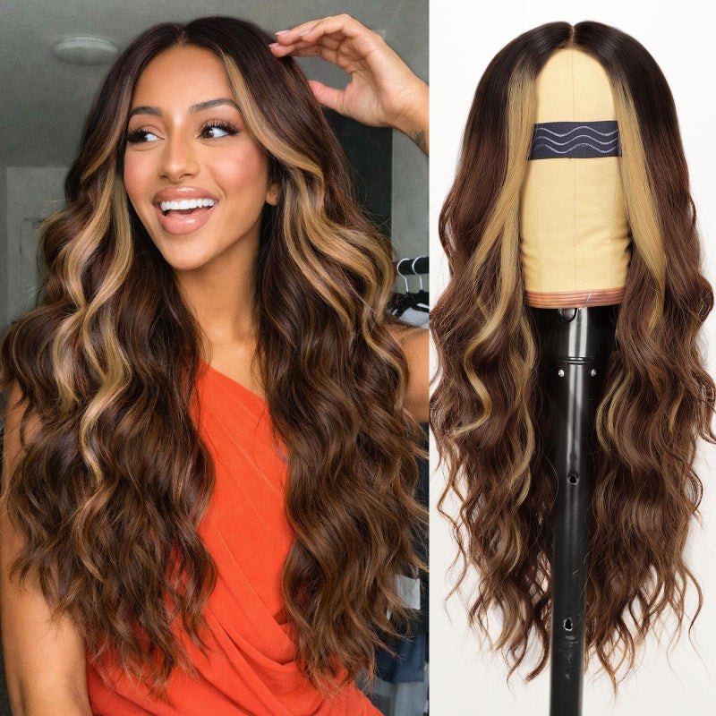 AISI HAIR ã€Beginner Friendly Wigs Brown Highlight Wig for Women, Long Wavy Lace Hairline Middle Part Synthetic Heat Resistant Wig for Daily Party-26 Inch - Image 1