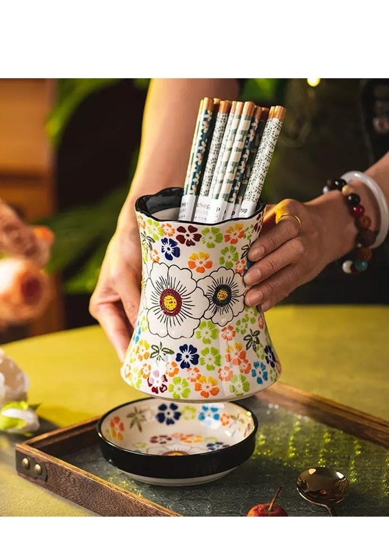KASTWAVE - Ceramic Kitchen Utensil Holder, Multi-Functional Large Capacity Knife and Fork Storage Tube, Crock Decorative Vase, with Embossed Three-Dimensional Flower Design for Kitchen Decor Red, 1 Pcs - Image 1