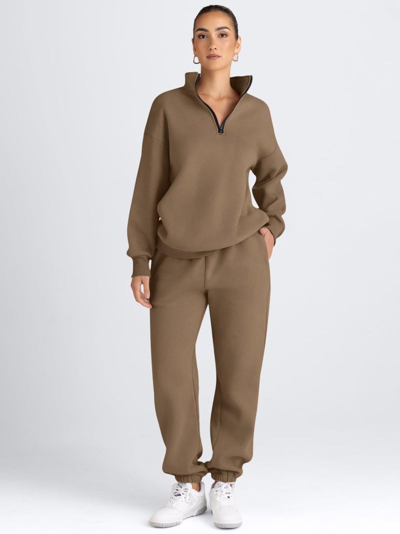 AUTOMET Women's Sweatsuits 2 Piece Outfits Lounge Sets Long Sleeve Half Zip Pullover and Baggy Sweatpants with Pockets Coffee XL - Image 2