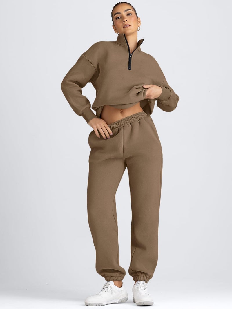 AUTOMET Women's Sweatsuits 2 Piece Outfits Lounge Sets Long Sleeve Half Zip Pullover and Baggy Sweatpants with Pockets Coffee XL - Image 3