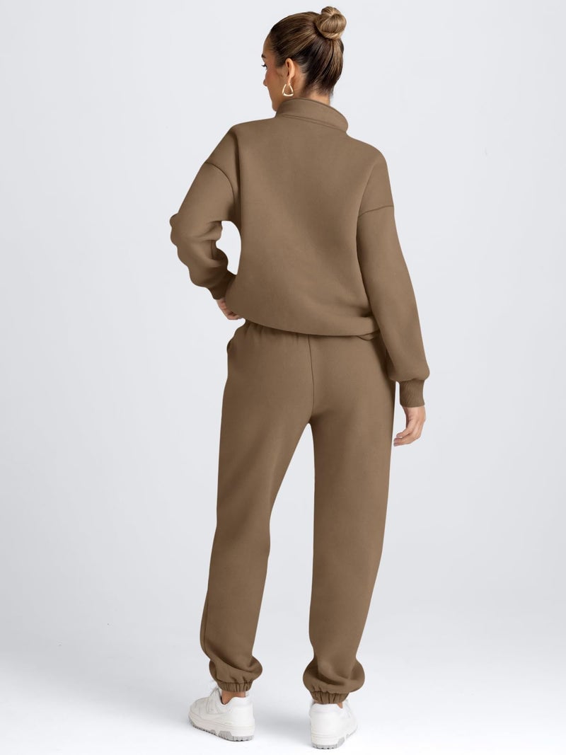 AUTOMET Women's Sweatsuits 2 Piece Outfits Lounge Sets Long Sleeve Half Zip Pullover and Baggy Sweatpants with Pockets Coffee XL - Image 5