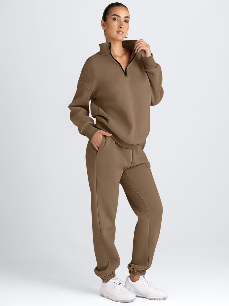 AUTOMET Women's Sweatsuits 2 Piece Outfits Lounge Sets Long Sleeve Half Zip Pullover and Baggy Sweatpants with Pockets Coffee XL - Image 4