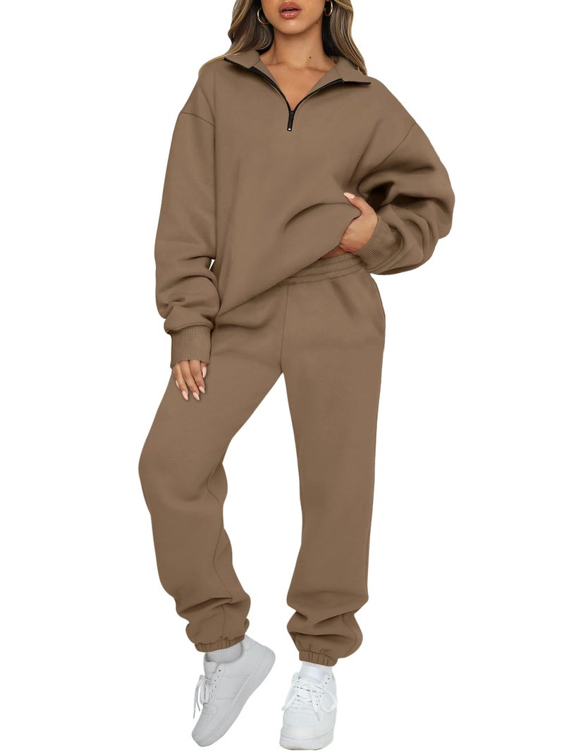 AUTOMET Women's Sweatsuits 2 Piece Outfits Lounge Sets Long Sleeve Half Zip Pullover and Baggy Sweatpants with Pockets Coffee XL - Image 1
