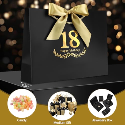 JMANNI Black Gold 18th Birthday Gift Bag with Card and Tissue Paper, 12.6"×9.84"×3.9" Elegant Present Bag for Adults, 18 Year Old Birthday Keepsake Party Supplies - Image 4