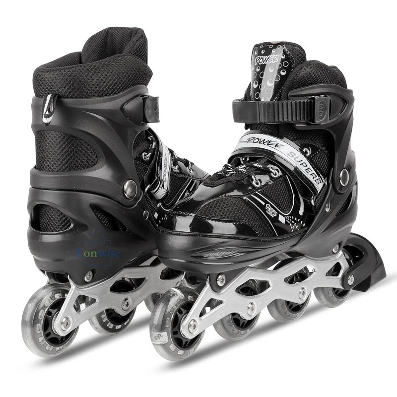 EONWISE Inline Skates with PU Flashing Wheel Aluminum Body in-Line Skates with Size Adjustable with LED Flash Lights Set for Boys Kids and Girls Length for Age 8-16 Years (Black) - Image 1