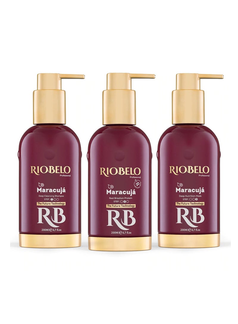 RIOBELO Hair Protein, Maracujá Protein Treatment for Hair, Brazilian Protein Hair Kit for Curly & Normal Hair by RIOBELO Professional Real, 200ml - 3 Steps Home Care Kit - Image 1