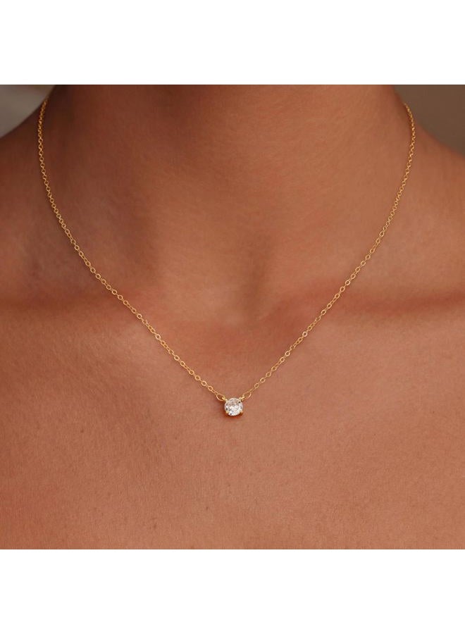 Tewiky Diamond Solitaire Pendant Necklace 14k Gold Plated Cubic Zirconia Choke Necklaces Cute Tiny Gold Rhinestone Dainty Gold Necklace for Womens Gifts - Image 2