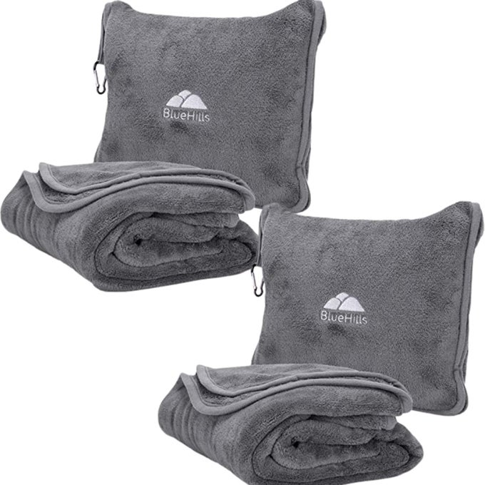 2PACK PREMIUM SOFT TRAVEL BLANKET PILLOW AIRPLANE BLANKET IN SOFT BAG PILLOWCASE WITH HAND LUGGAGE BELT AND BACKPACK CLIP COMPACT PACK LARGE BLANKETS FOR ANY TRAVEL GREY GRAY T013