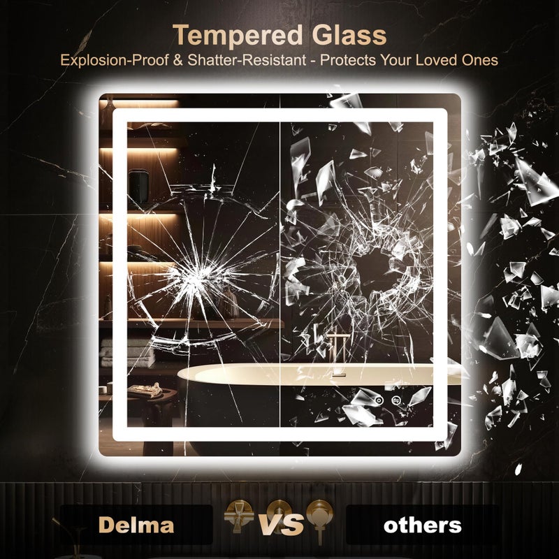 Delma LED Bathroom Mirror with Lights, 30x30 Vanity Mirror for Bathroom Wall, Anti-Fog, Dimmable, Front Lit & Backlit, Memory Function, Shatterproof Tempered Glass, 3 Color Modes(Horizontal/Vertical) - Image 5