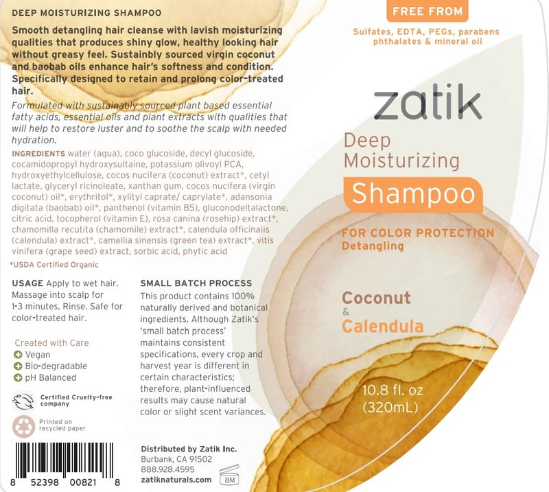 Zatik Naturals - Deep Moisturizing Shampoo + Conditioner Set - Coconut & Calendula, for Colored, Dry damaged Hair, Biodegradable, pH Balanced, FREE from Parabens, fragrances, 10.8 fl oz (One of Each) - Image 3