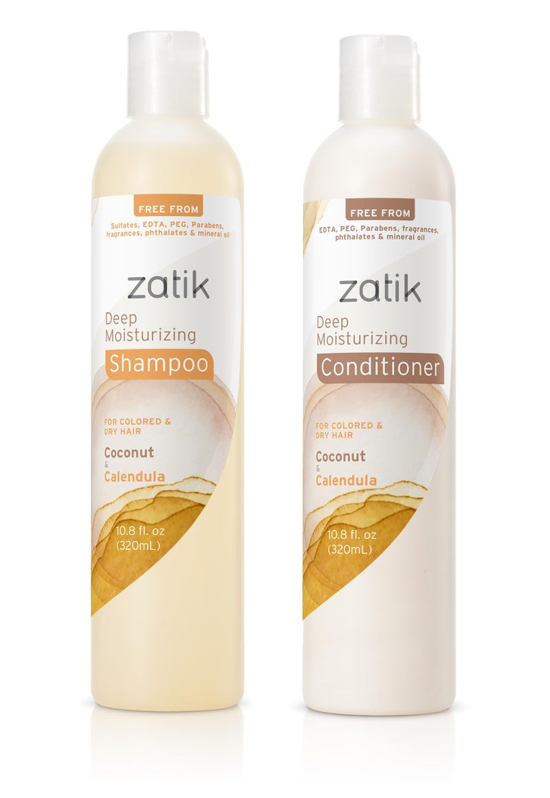 Zatik Naturals - Deep Moisturizing Shampoo + Conditioner Set - Coconut & Calendula, for Colored, Dry damaged Hair, Biodegradable, pH Balanced, FREE from Parabens, fragrances, 10.8 fl oz (One of Each) - Image 1