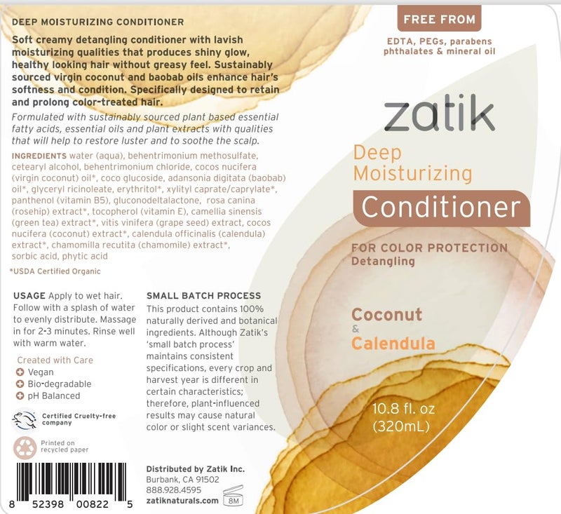 Zatik Naturals - Deep Moisturizing Shampoo + Conditioner Set - Coconut & Calendula, for Colored, Dry damaged Hair, Biodegradable, pH Balanced, FREE from Parabens, fragrances, 10.8 fl oz (One of Each) - Image 5