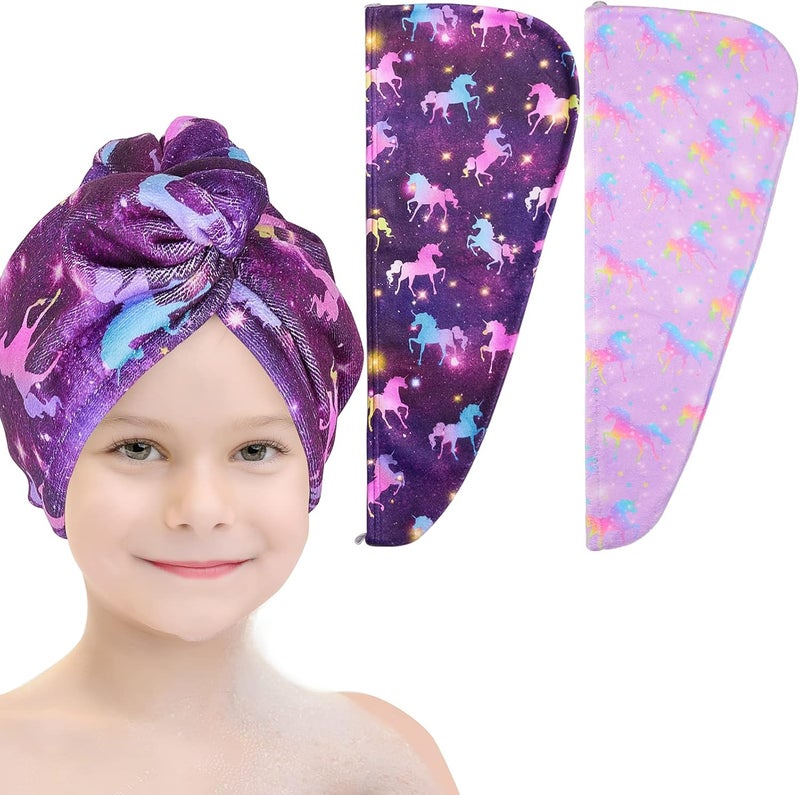 Basumee Microfiber Hair Towel Wrap for Kids 2 Pack Rapid Drying Hair Towel with Button Hair Turbans for Wet Hair Wraps Head Towel Wrap for Women and Girls, Dark Unicorn