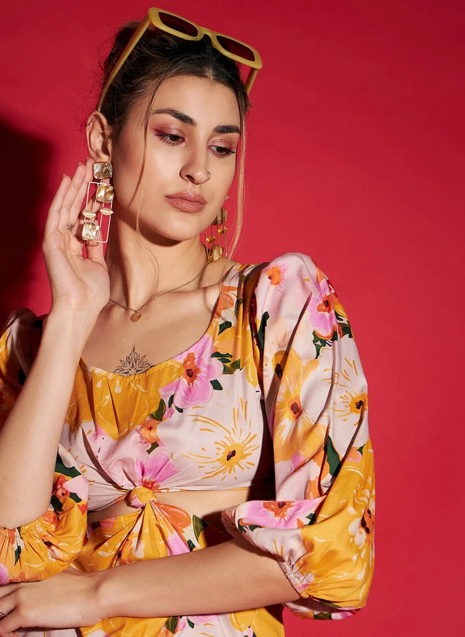 SASSAFRAS Floral Printed Cut Out Mini Dress for Women