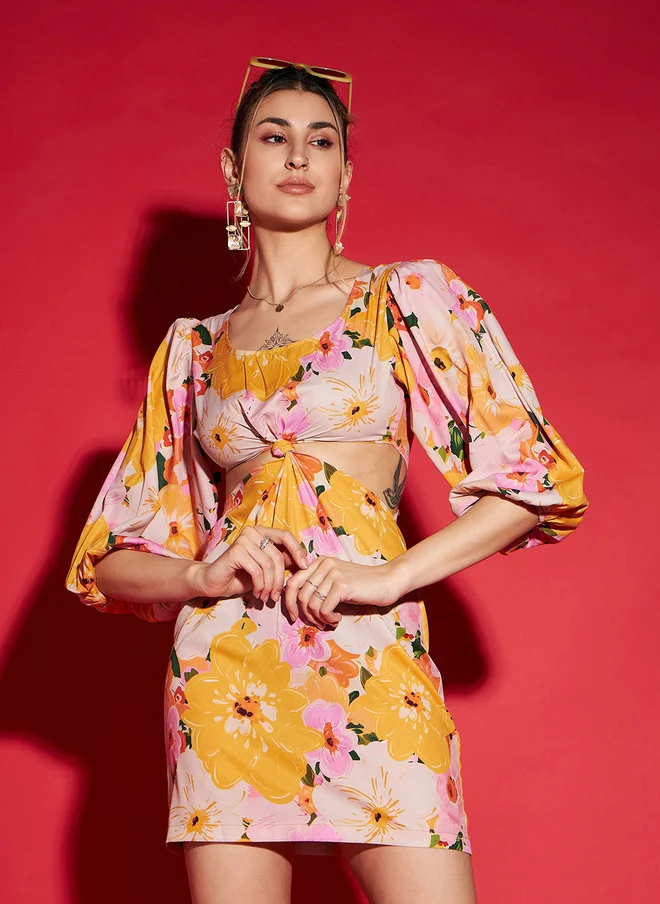 Floral Printed Cut Out Mini Dress for Women