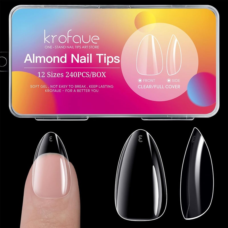 krofaue Almond Nails Tips - 240Pcs Clear Fake Tips 12 Sizes Soft Gel False Nails Full Cover Press on Nails Almond for Manicure Salon and Easy DIY Nail Extensions for Women - Image 1