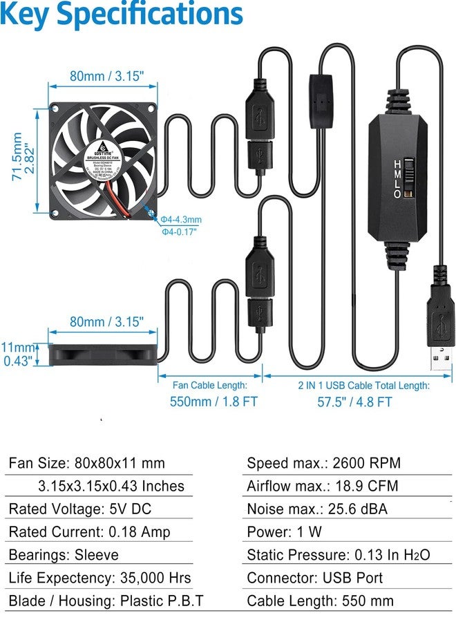 جي دي أس تايم مروحة GDSTIME ثنائية المنافذ USB، مقاس 80 مم × 10 مم، تعمل بجهد 5 فولت، بثلاث سرعات (منخفضة/متوسطة/عالية). - Image 5