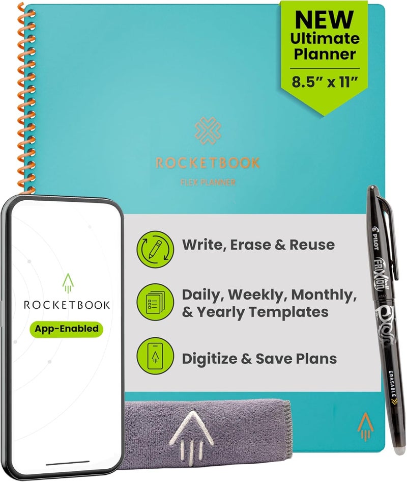 Rocketbook Flex Reusable Planner, Smart Undated, Daily, Weekly, Monthly, Annual Calendar Templates, Letter Size 8.5x11, Teal (Pack of 1) - Image 1