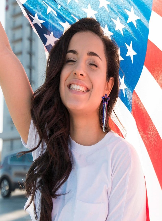 Mintolex 4th of July Star Tassel Earrings Patriotic Rhinestone Dangle Earrings for Women Boho Long Drop Crystal American Flag Jewelry for Independence Day, Hollow Star - Image 3