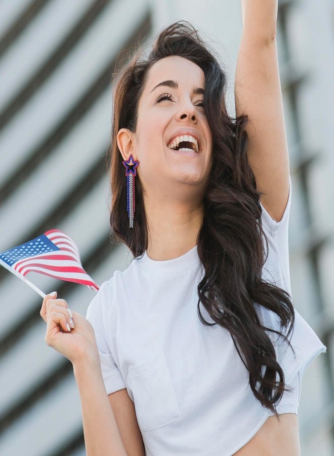 Mintolex 4th of July Star Tassel Earrings Patriotic Rhinestone Dangle Earrings for Women Boho Long Drop Crystal American Flag Jewelry for Independence Day, Hollow Star - Image 5
