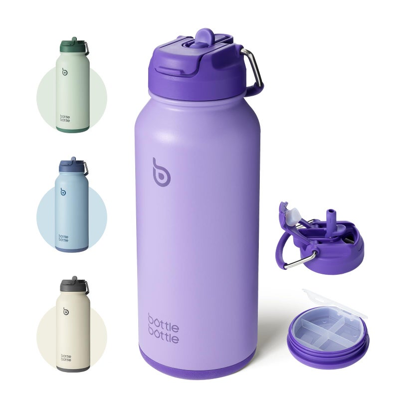 BOTTLE BOTTLE 32 oz Insulated Water Bottle Stainless Steel Sport Water Bottle with Straw Dual-use Lid Design for Gym with Pill Box (dark purple) - Image 1