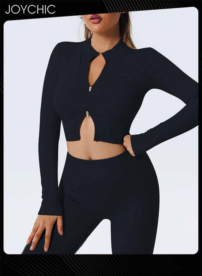 Joychic طقم ملابس رياضية سريع الجفاف وقابل للتنفس للنساء - زي يوغا بدون seams - ليغينغز عالية الخصر - توب قصير - أطقم صالة رياضية باللون الأسود - Image 1