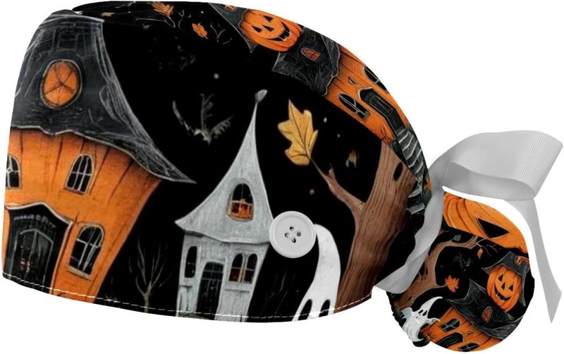2 Packs Halloween Illustrations 1_16 Scrub Cap Adjustable Hat Tie Back Hats Sweatband for Women - Image 1