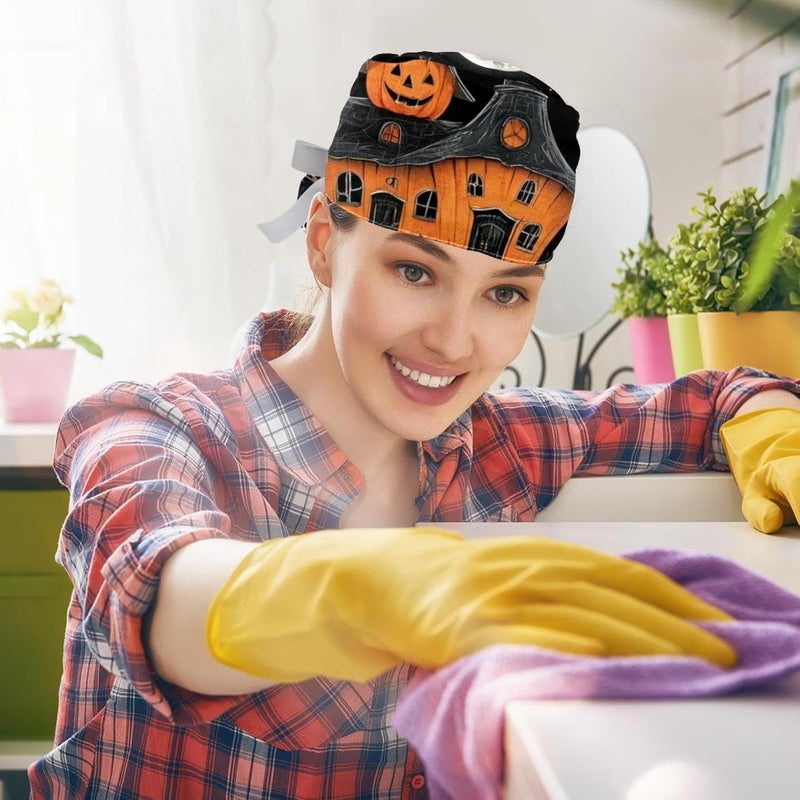 2 Packs Halloween Illustrations 1_16 Scrub Cap Adjustable Hat Tie Back Hats Sweatband for Women - Image 5