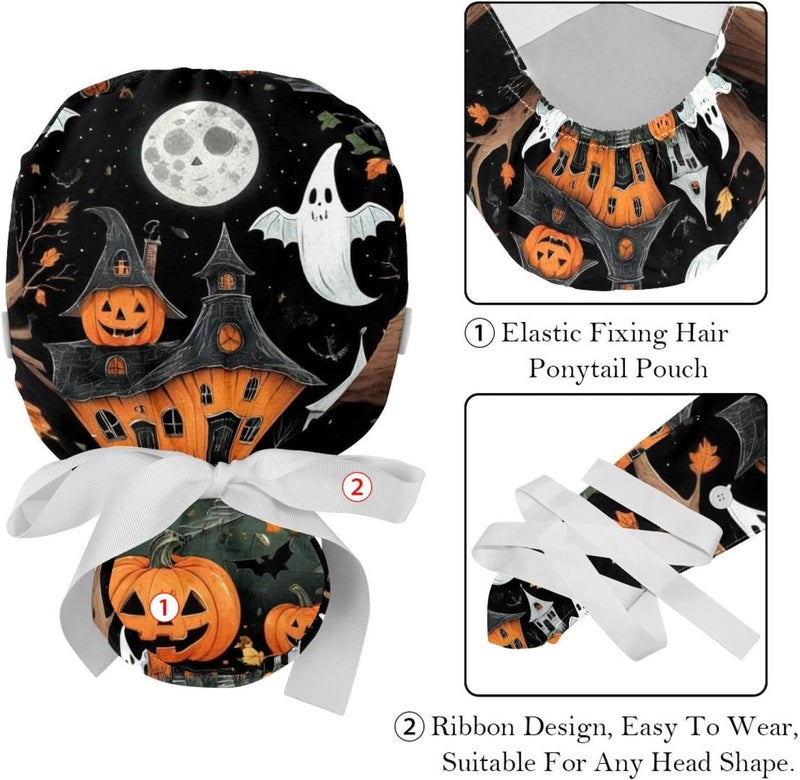 2 Packs Halloween Illustrations 1_16 Scrub Cap Adjustable Hat Tie Back Hats Sweatband for Women - Image 4