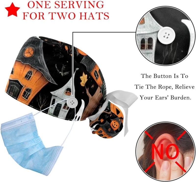 2 Packs Halloween Illustrations 1_16 Scrub Cap Adjustable Hat Tie Back Hats Sweatband for Women - Image 3