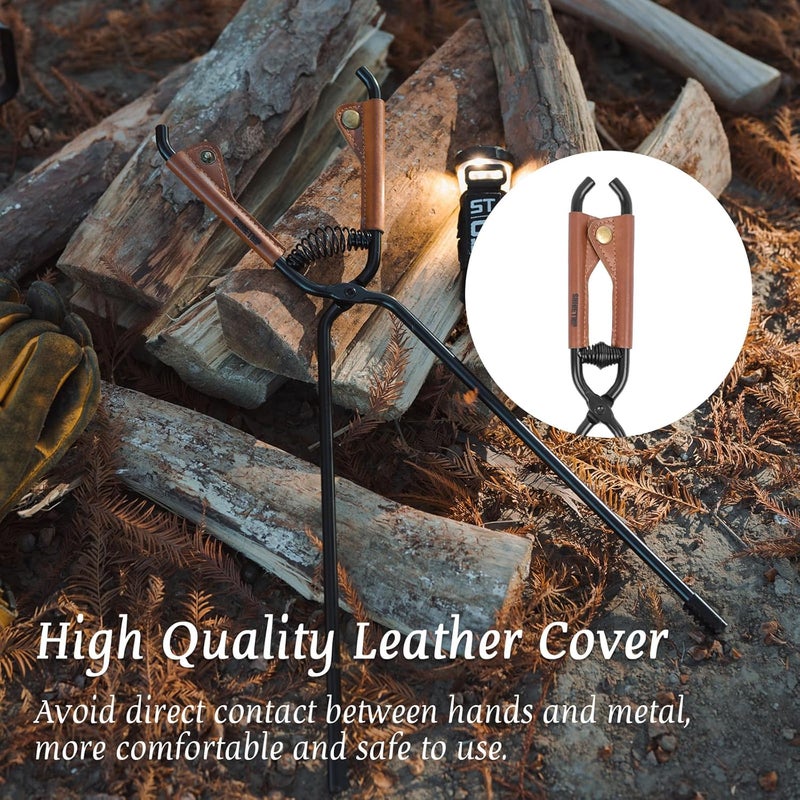 إسكدنيا Fireplace Tongs Log Claw Tongs with Faux Leather Handle Cover Log Grabber Clamp Tool for Indoor  Outdoor Camping Campfire Fireplace Fire Pit(Black) - Image 3