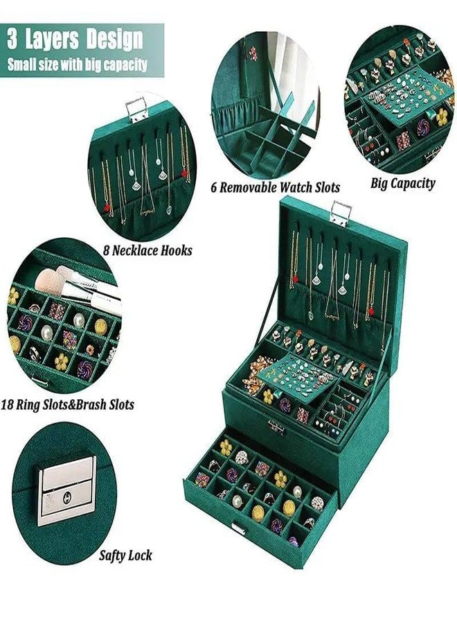 Drumil Luxury 3-Layer Jewelry Box Organizer for Women Girls – Large Lockable Green Storage Case with Drawers for Earrings, Rings, Necklaces, Bracelets, Watches – Elegant Display Gift Box - Image 2