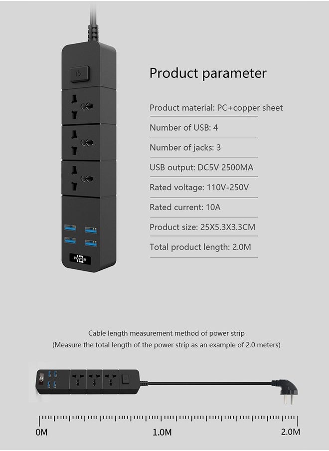 Power Strips Extension Cord 3 Outlets, Universal Plug Adapter with 4 USB Ports Surge Protector, Charging Socket with 2M Bold Extension Cord for Kitchen Office Home Computer Laptop Mobile Tablets