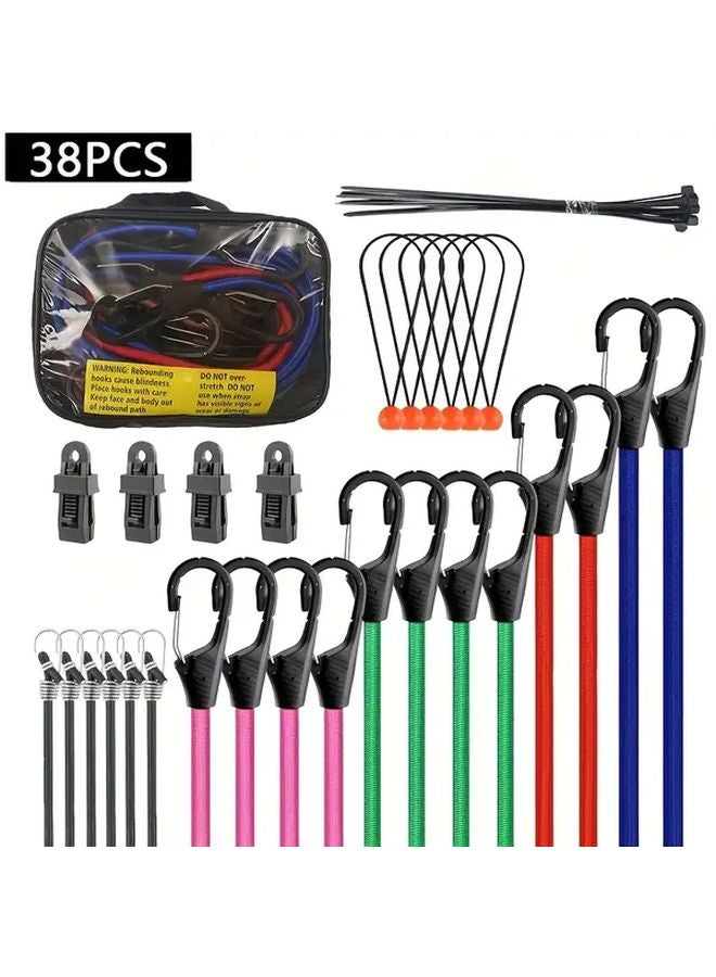 38PCS Elastic Rope Set with Durable Hooks Multiple Sizes Strong Material Spring Lock Clips - Image 1